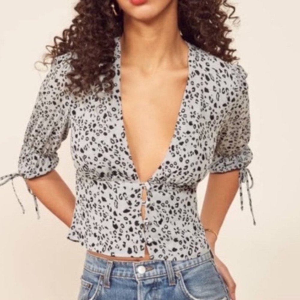 REFORMATION Animal Print Plunge Neckline Crop Top